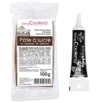 Pâte à sucre marron 100 g + Stylo de glaçage noir