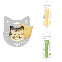 Kit pour biscuit en relief Chat + 2 Stylos au chocolat jaune pastel et vert clair