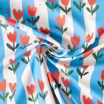 Tissu Imperméable déperlant tulipes Rouge rayures Bleu sur fond Blanc