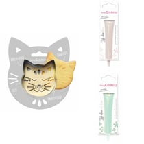 Kit pour biscuit en relief Chat + 2 Stylos au chocolat blanc et vert d'eau