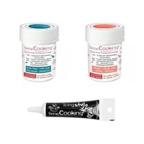 2 colorants alimentaires corail-bleu foncé + Stylo glaçage noir