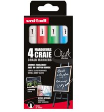 Uni-ball - Gamme CHALK MARKER - réf : PWE5M/4 PF ASSF15 - Marqueur craie pointe conique moyenne - Pochette de 4 - 1,8 - 2,5 mm - Blanc, vert fluo, Rouge, Bleu clair