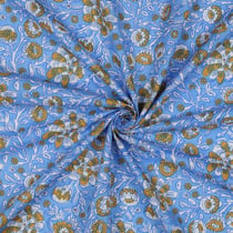 Tissu Coton indien Block print Fleuris Léa sur fond Bleu ciel