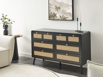 Commode à 6 Tiroirs Noir en MDF et Rotin PE Pieds en Bois avec Poignées Dorés Style Bohème