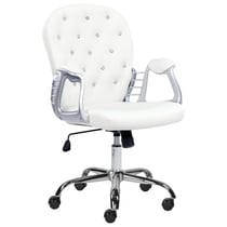 Chaise de Bureau Blanc en Cuir PU à Dossier Capitonné Décoration Cristaux Réglable en Hauteur avec Bouton et Pivotement Complet