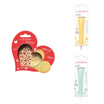 Kit pour biscuit en relief Coeur + 2 Stylos au chocolat jaune pastel et vert d'eau