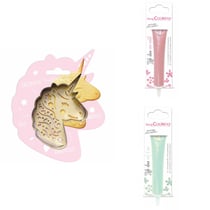 Kit pour biscuit en relief Licorne + 2 Stylos au chocolat rose pastel et vert d'eau