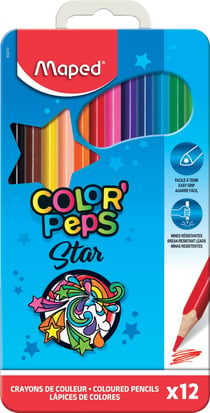 Maped - Crayons de Couleur Color'Peps - 12 Couleurs Vives - Crayon Triangulaire Ergonomique - Conforme à la Réglementation des Jouets - Boîte Métal de 12 Crayons en Bois