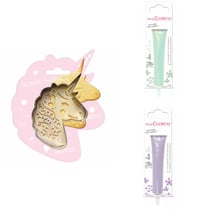 Kit pour biscuit en relief Licorne + 2 Stylos au chocolat vert d'eau et lilas