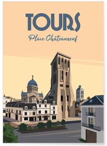 Affiche ville Tours Place Châteauneuf | A3 : 29,7x42cm