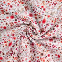 Tissu Double gaze de Coton digital Hortense fleuris Rouge et beige sur fond Blanc