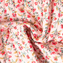 Tissu Coton Matelassé réversible Vanda fleurs et rayures Rose et Rouge sur fond Rose