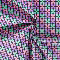 Tissu Coton enduit Poppy Fleur menthe et mauve sur fond Noir