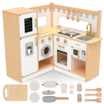 Cuisine Enfant Bois, Cuisine D'angle - Interactive, réfrigérateur, four, lave-linge, Bois naturel