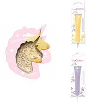 Kit pour biscuit en relief Licorne + 2 Stylos au chocolat jaune pastel et lilas