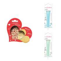 Kit pour biscuit en relief Coeur + 2 Stylos au chocolat bleu pastel et vert d'eau