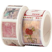 Ruban adhésif Washi Tape, Motif tampon et fleur, L : 3+5 M, L : 20+25 mm, 2 rouleau/ 1 Pq.