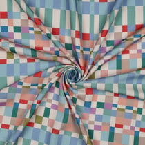 Tissu Viscose imprimé digital Mire carreaux Bleu, Vert, Rose et Rouge sur fond Beige