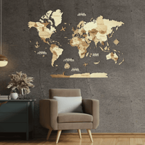 Carte du Monde en Bois 3D CREATIFWOOD Ambrée, M (100 x 70 cm) - Décoration Murale