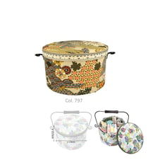 Boîte à couture ronde 22x13,5cm feuillages japonisants fonds beige kaki