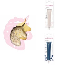 Kit pour biscuit en relief Licorne + 2 Stylos au chocolat blanc et bleu nuit