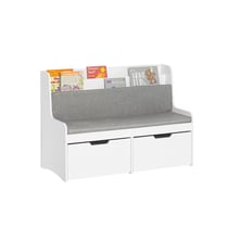 SoBuy KMB66-W Coffre à Jouets Enfants, Banc de Rangement pour Enfants avec Bibliothèque, 2 Tiroirs sur Roulettes et Coussin d'assise