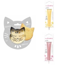 Kit pour biscuit en relief Chat + 2 Stylos au chocolat jaune pastel et rose pastel