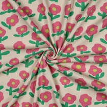 Tissu Jersey cotêlé Bio Jennifer Bouron fleurs Rose et Vert sur fond Ecru