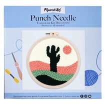Figured'Art Punch Needle Kit Complet pour Adultes et Enfants - Cactus dans le Désert - Parfait pour Débutant. Set prêt à broder taille 20x20cm avec cadre circulaire