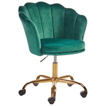 Chaise de Bureau Verte en Velours Glamour Fauteuil Coquillage Pivotant à Base en Etoile Dorée Assise Réglable avec Vérin Frein de Sécurité