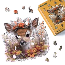 Puzzle en Bois Adulte et Enfant Figured'Art 200 pièces Animaux - Faon et Fleurs - Design Original 28,2x28,5 cm Forme Unique avec Coffret en bois Premium, Parfait pour Offrir en Cadeau