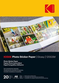 KODAK Photo Sticker Paper - Pack de 20 feuilles de papier photo autocollant - Format 10 x 15 cm (A6) - Finition brillante - 120 gsm - Compatible avec imprimantes jet d'encre