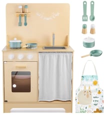 Mamabrum Cuisine Enfant en Bois avec Eclairage LED + Tablier & Accessoires en Bois - Four Placard avec Rideau - CE & EN - Beige