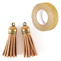 2 minis pompons dorés en suédine 4 cm + masking tape doré à paillettes 5 m