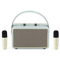 Enceinte Bluetooth Karaoke Portable Bois Texture Cuir Gris Double Microphone Batterie Longue Durée YONIS