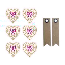 Autocollants 3D 4 cm Cœur diamant sur fond rose clair + 20 étiquettes kraft Fanion