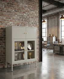 Armoire Vitrine en Fer Beige Clair avec 2 Portes Vitrées et 2 Compartiments Fermés Style Scandinave