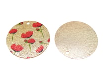 2 Breloques rondes pailletées 20mm imprimé fleur coquelicot rouge et doré