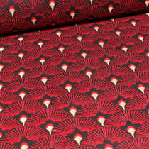 Tissu Jacquard Plumes de paons dorées sur fond Rouge