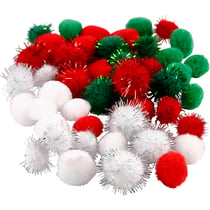 Pompons, d 15+20 mm, vert, rouge, blanc, 48 ass./ 1 Pq.