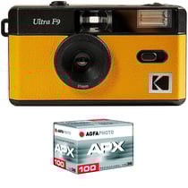 KODAK Pack F9 Argentique + Pellicule 100 ASA - Appareil Photo Kodak Rechargeable 35mm Jaune, Objectif Grand Angle Fixe, Viseur optique , Flash Intégré + Pellicule APX 100, 36 poses