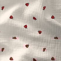 Tissu Double gaze Coton Coccinelles rouges sur fond Blanc cassé - Au mètre