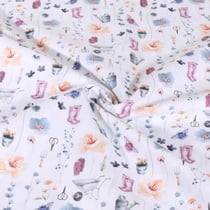 Tissu Popeline de Coton imprimé Jardinage sur fond Blanc