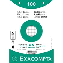 Paquet 100 fiches sous film - bristol quadrillé 5x5 perforé 148x210mm - Blanc - x 10 - Exacompta