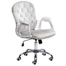 Chaise de Bureau Gris Clair en Velours à Dossier Capitonné Décoration Cristaux Réglable en Hauteur avec Bouton et Pivotement Complet