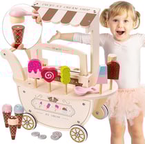 Marchande Enfant, Marchande Glace Bois sur Roues avec poignée & Accessoires, Chariot Jouet en bois