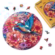 Puzzle en Bois Adulte et Enfant Figured'Art 200 pièces Animaux - Colibri et Fleurs Épanouies - Design Original 28,5x28,5 cm Forme Unique avec Coffret en bois Premium, Parfait pour Offrir en Cadeau