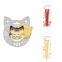 Kit pour biscuit en relief Chat + 2 Stylos au chocolat rouge et jaune pastel