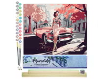 Peinture par Numéro Figured'Art - Femme et voiture classique rose - Kit de Loisir Créatif DIY Numéro d'Art Complet - 40x50cm toile roulée + châssis en bois à monter