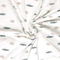 Tissu Jersey Coton imprimé Nino poissons et sous marins sur fond Ecru